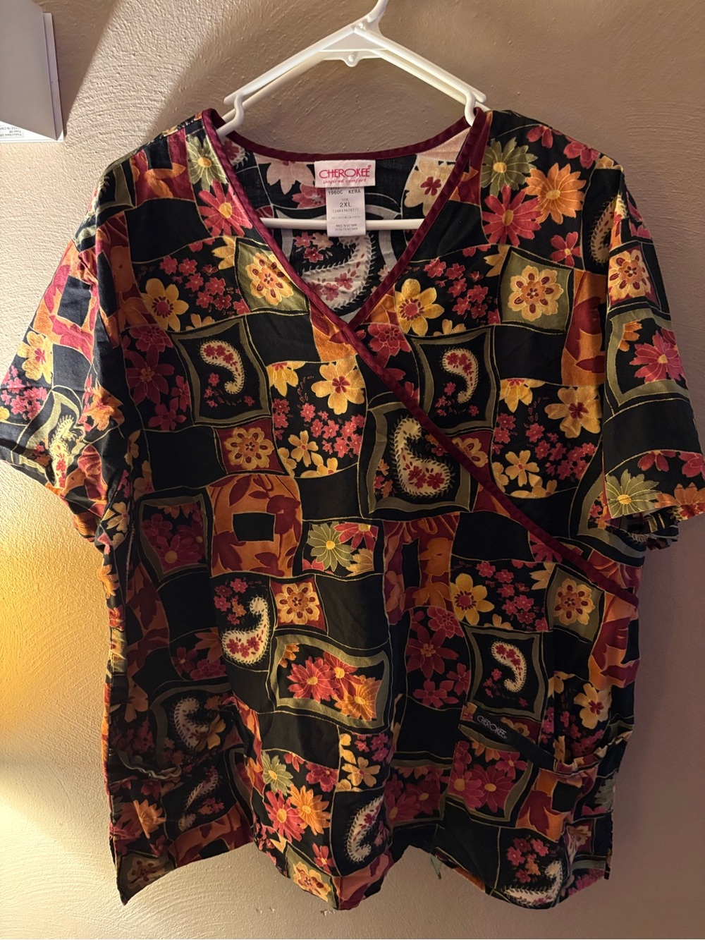 Cherokee Black Floral Paisley Wrap-Style Scrub Top